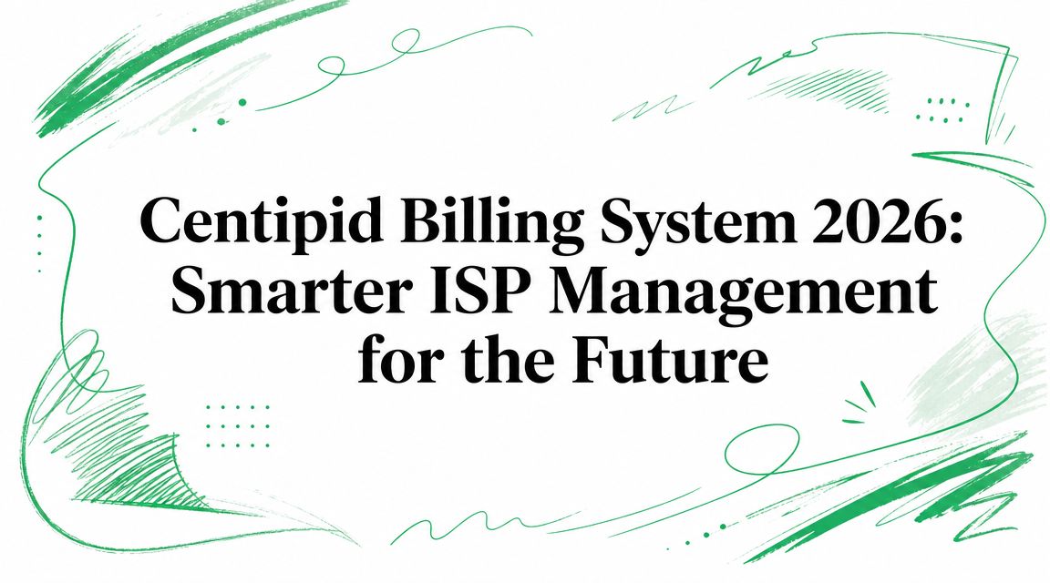 Title card reading “Centipid Billing System 2026: Smarter ISP Management for the Future” framed by loose green scribbles and dots.