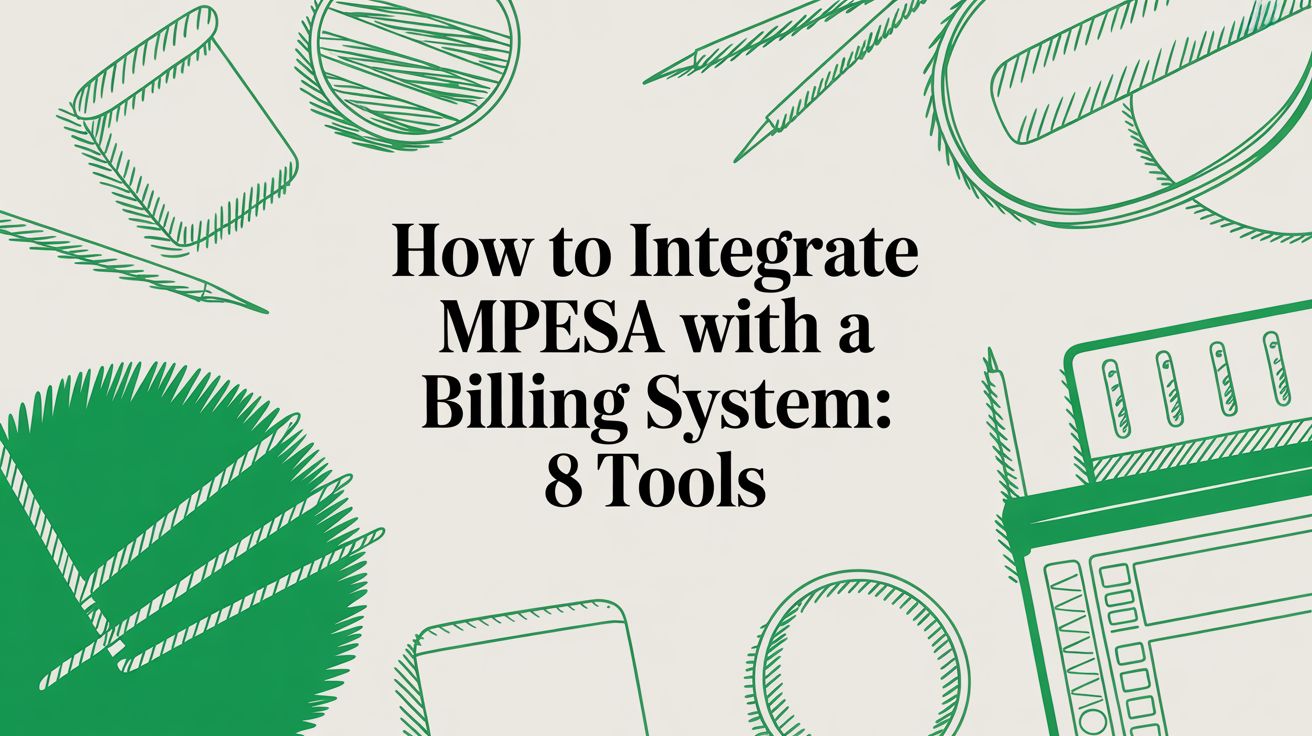 Title card reading “How to Integrate MPESA with a Billing System: 8 Tools” among hand-drawn green sketches of a card terminal, a phone and stationery.