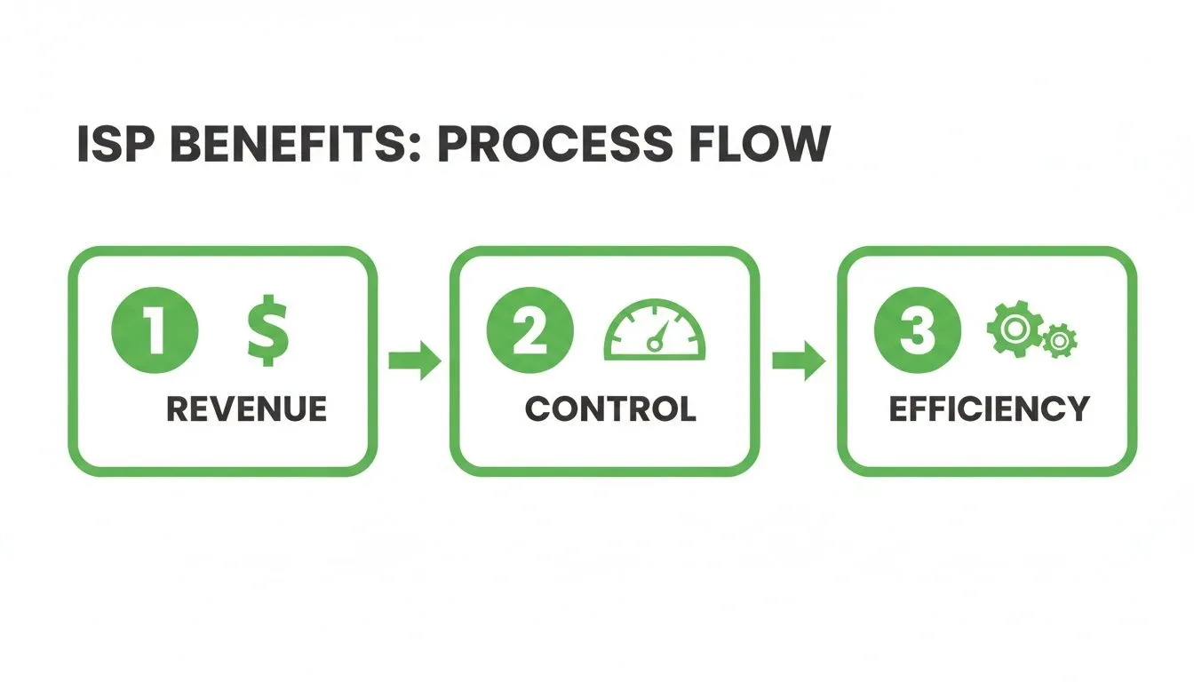 A green infographic illustrating ISP benefits process flow: Revenue, Control, and Efficiency.