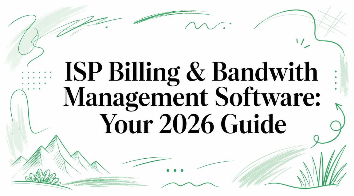 Title card reading “ISP Billing & Bandwith Management Software: Your 2026 Guide” framed by green brush strokes over sketched mountains and grass.