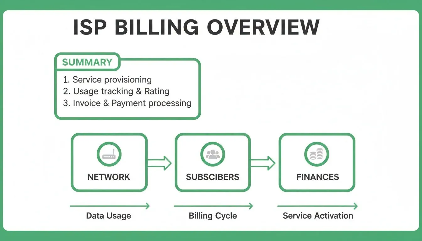 An overview diagram detailing the ISP billing process, including network, subscribers, and finances stages.