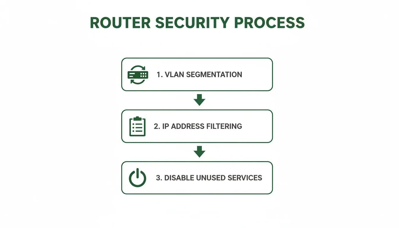 A flowchart outlining the three-step router security process, including VLAN segmentation and IP address filtering.